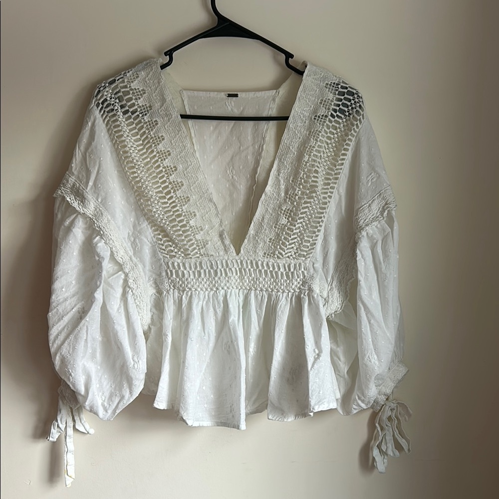 Free People White Blouse Romantic Lace Crochet Peplum Small Boho